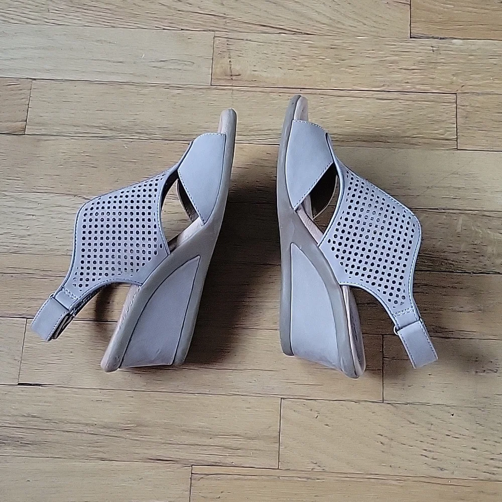Earth Taupe Suade Wedge Sandals - Picture 2 of 5